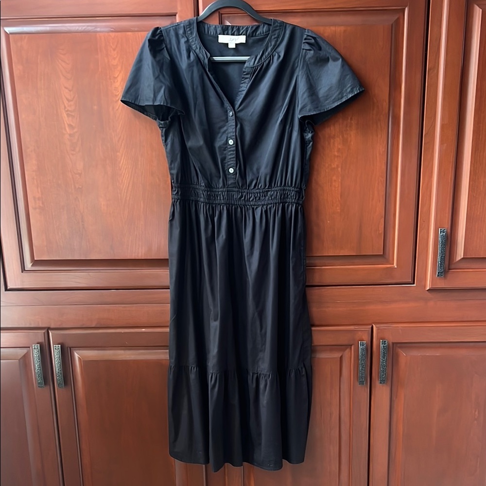 LOFT Elegant Black Midi Dress with Button Front